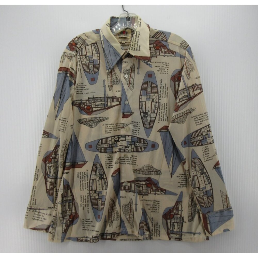 VINTAGE Fruit of the Loom Shirt Large 70s Nautical Sailboat Rockabilly AOP